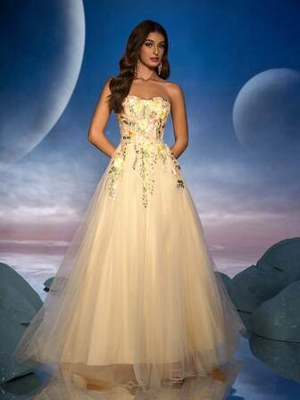 Anymoon 蕾丝贴花褶皱长款晚礼服