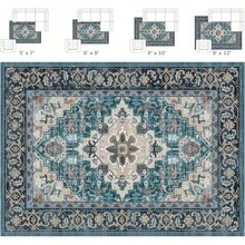 Washable Area Rug 5x7 - Soft Faux-Wool Area Rug Living Room Bedroom, Boho Vintage Floral Medallion Non-Slip Low Pile, Pet Friendly, Blue White - 深綠色 - 查看 2
