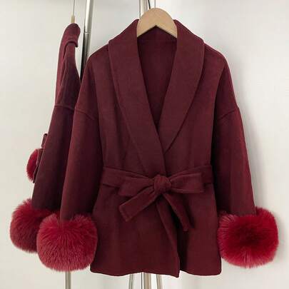 OFTBUY Solid Color Long Sleeve Loose Waist Belt Faux Fur Patchwork Wool Blend Jacket, Casual Street Style For Autumn/Winter & Holidays