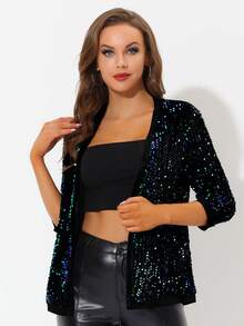 Women's Sequin Cardigan Christmas 3/4 Sleeve Open Front Party Velvet Sequin Jackets - 綠色 - 查看 2