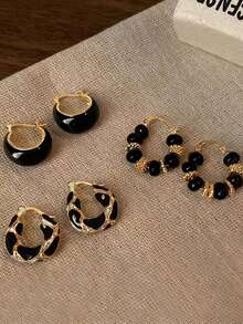 3 对复古优雅琥珀树脂镶嵌耳环套装，适合日常、派对和正式场合，秋冬 - 黑色 - 查看 4