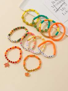 10pcs/Set Thanksgiving Day Soft Clay Letter Beaded Maple Leaf Charm Bracelet, Autumn Color, Fashion Accessory For Women