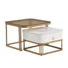 Stackable Coffee Table: Glossy Marble, Beige Glass Top, Gold Trim, Side Table With Drawer, Set Of 2 - White - View 8