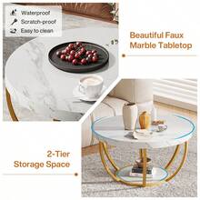 LITTLE TREE Round Coffee Table, 32" Circle Coffee Table For Living Room, 2-Tier Wood Accent Center Table With Open Storage Industrial Design Home Furniture (White And Gold) - 白色和金色 - 查看 7