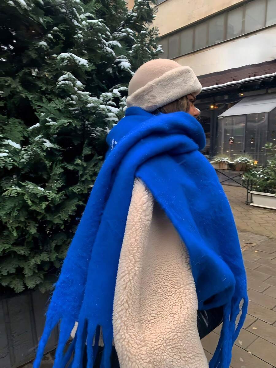 1 Women'solid Color Mohair Scarf Female Autumn Winter New All-In-One Neck Korean Version Of Advanced Sense Thick Warm Cape Suitable For Daily Use For Dress - Royal Blue a - View 1