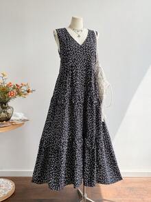 Rusttydustty 宽松V领休闲长裙，适合大码女性，波西米亚风格，适合海滩、音乐节、热带度假等场合。 - 黑色 - 查看 1