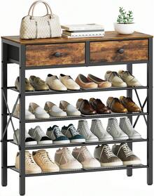 YATINEY 5 Tier Shoe Rack, Large Capacity Shoe Storage Organizer, Metal Shoe Shelf With Drawer And Wooden Top, 16 Pairs Of Shoes, Entryway, Closet, Rustic Brown And Black SS25BRY1N1