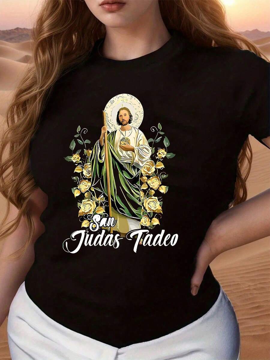 Camiseta Cuello Redondo Manga Corta Estampado San Juda s Tadeo Grafico Mujer - Negro - Ver 1