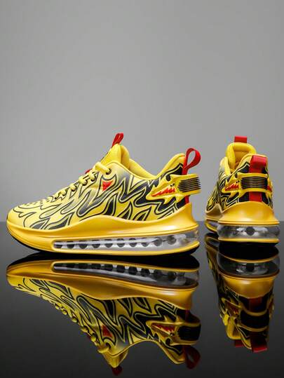 1 Pair Random Printed Fire Pattern Lace-Up Cushioned Sports Shoes For Outdoor, Spring/Autumn