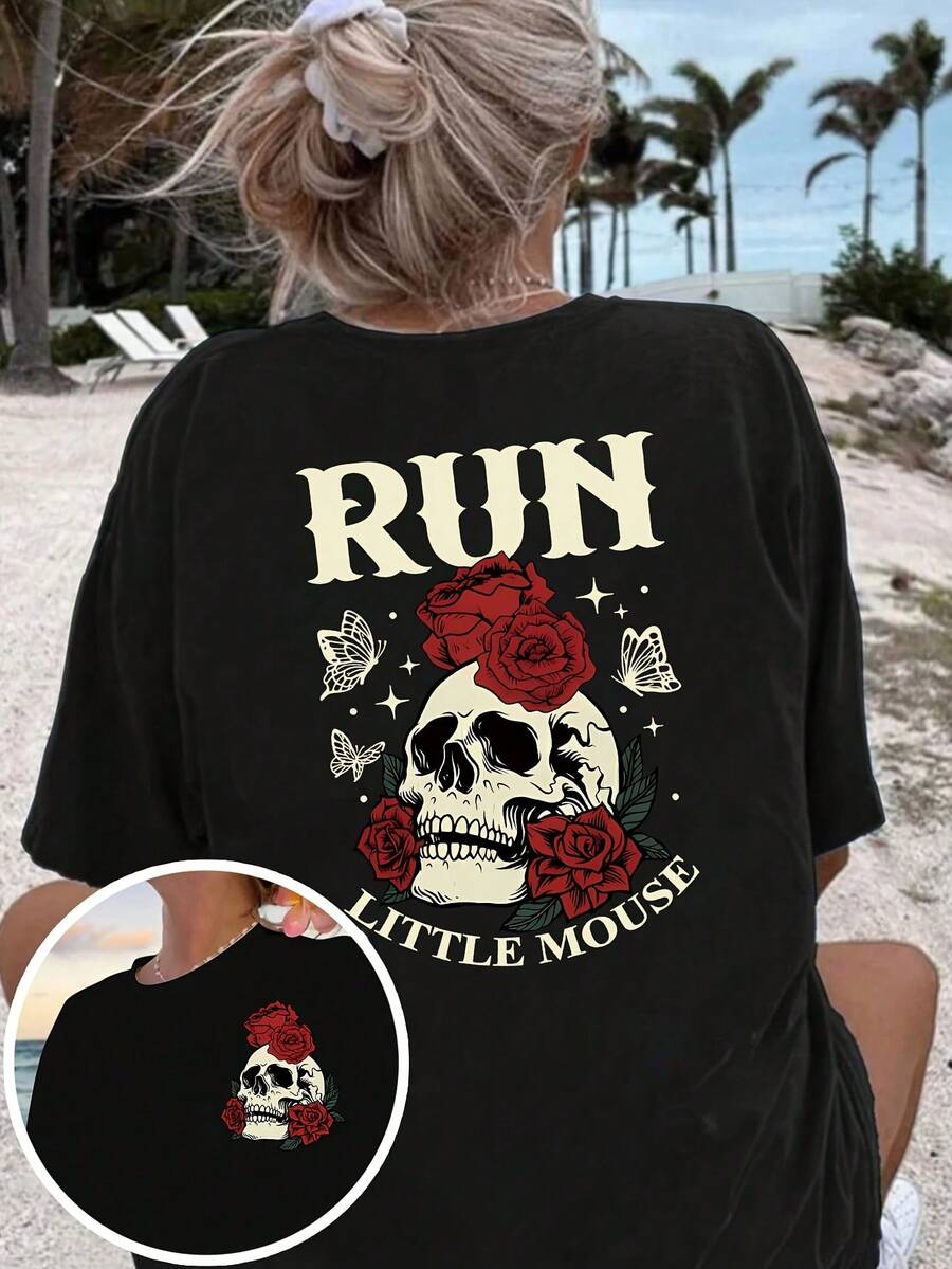 Skull And Rose, Dark Romantic Book Lover Print On Front And Back, Fashionable, Casual Short-Sleeved T-Shirt, Spring/Summer Cut, Round Neck Women's T-Shirt At An Affordable Price. - 黑色 - 查看 1