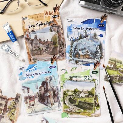 10 pezzi Confezione di adesivi per decorazione di paesaggi rurali per animali domestici, materiale per decorazione di diari e agende