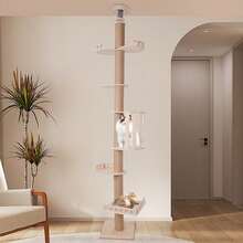 100.4-104.3" Tall Wood Cat Tower Tree Wall With Sisal Scratching Climbing Posts, 5 Tiers Cat Tower Ceiling-Mounted - 木材顏色 - 查看 1
