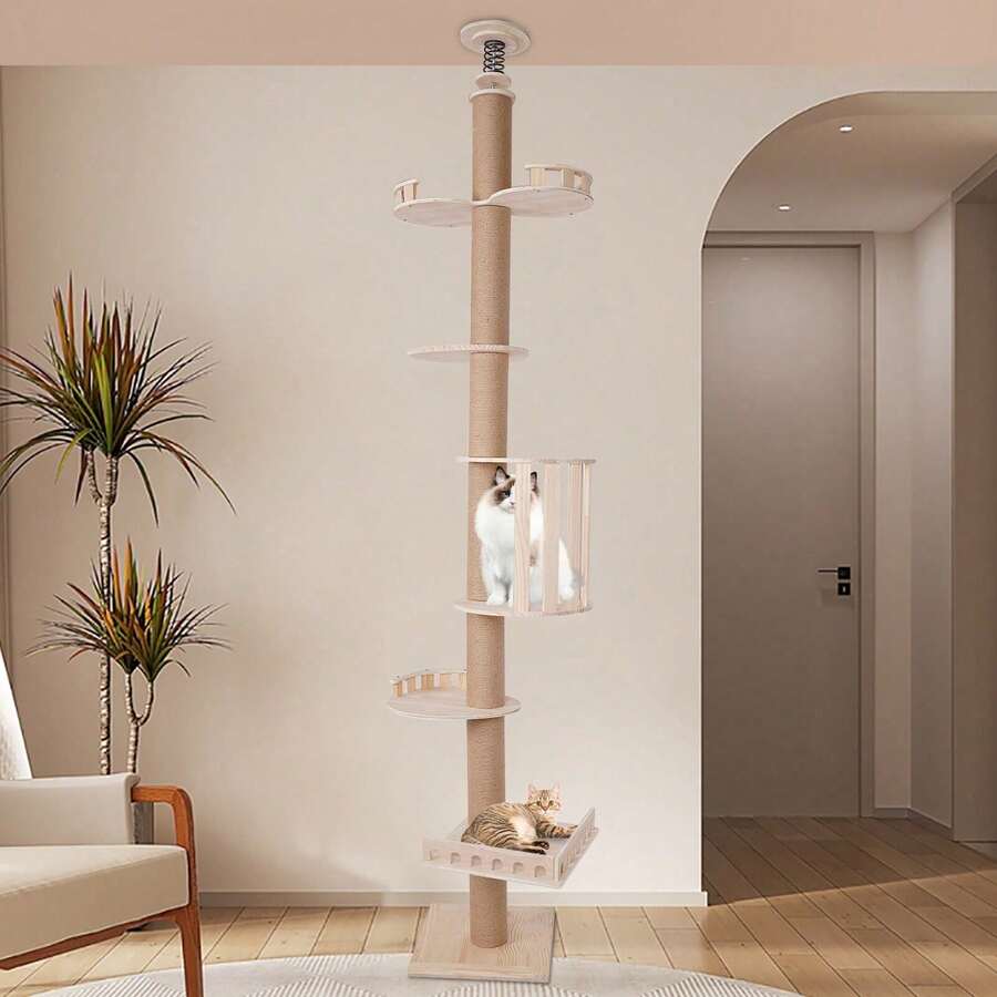 100.4-104.3" Tall Wood Cat Tower Tree Wall With Sisal Scratching Climbing Posts, 5 Tiers Cat Tower Ceiling-Mounted - 木材顏色 - 查看 1