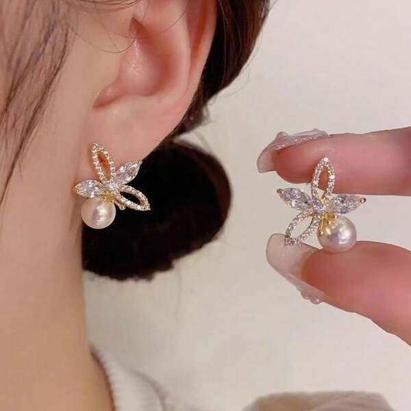 1 par de brincos de pérolas artificiais com folhas criativamente elegantes, adequados para mulheres usarem em casamentos, festas de aniversário, encontros diários, passeios e férias