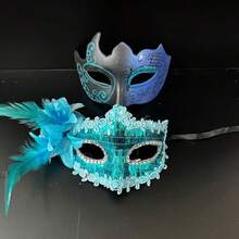 Men Women Masquerade Facewear, Exquisite Glitter Feather Half Face Facewear Halloween Cosplay Headwear - 藍色 - 查看 1
