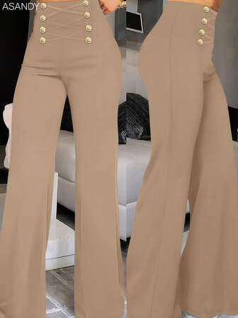 Women's 70s Retro Style High Waist Flare Pants With Gold Buttons, Vintage Office & Casual Wear