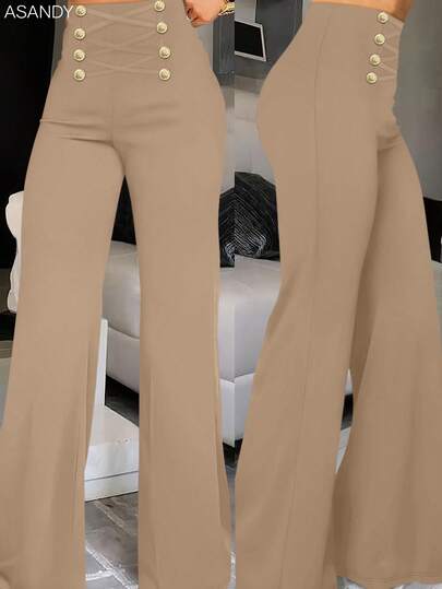 Pantalones de mujer con estilo revival de los 70 - Pantalones de vestir acampanados de cintura alta con botones dorados, estilo retro para la oficina y el fin de semana