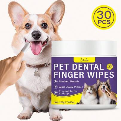 200g Lingettes de nettoyage des dents pour chiens et chats pour éliminer la mauvaise haleine, le tartre et l'accumulation de tartre. Lingettes de brosse à dents pour doigt de chien, kit de brosse à dents pour chien pour éliminer les taches et prendre soin des gencives, convient aux petits animaux