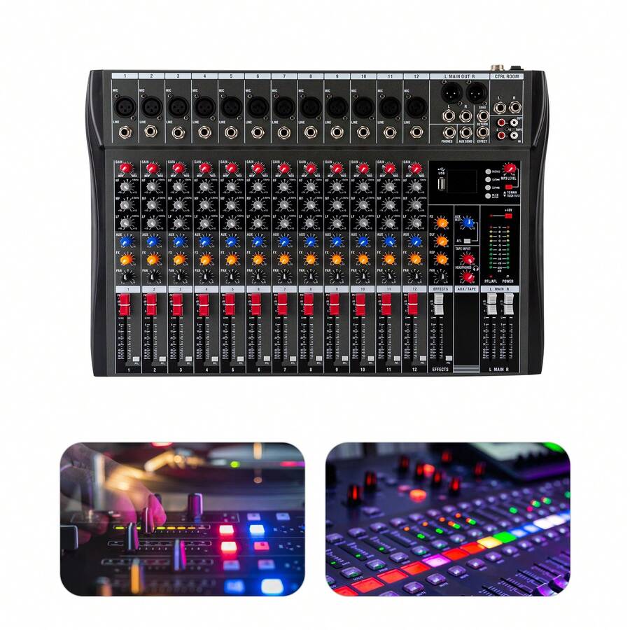 Professional Audio Mixer 48V Phantom Power With 10-Segment LED Indicators XLR/TRS Inputs For Karaoke, Conference - Black - View 1