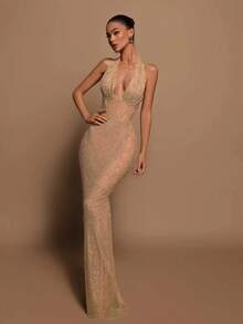 A&A Luxe Halter Deep V Neck Sequins Maxi Dress - Rượu sâm banh - Xem 1