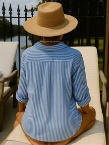 Beachwear Shirt Linen Summer Beach Striped Casual Holiday Linen Beach Holiday Summer - Màu xanh hải quân - Xem 2