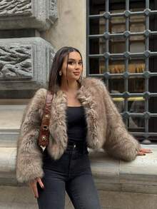 Women's Round Neck Loose Short Faux Fur Fashion Casual Jacket - Khaki - View 10