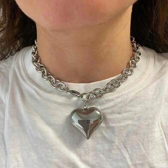 1 pieza Collar con cadena de cuentas de acero inoxidable de 8 mm y colgante grande con forma de corazón, accesorio de joyería de moda para mujeres