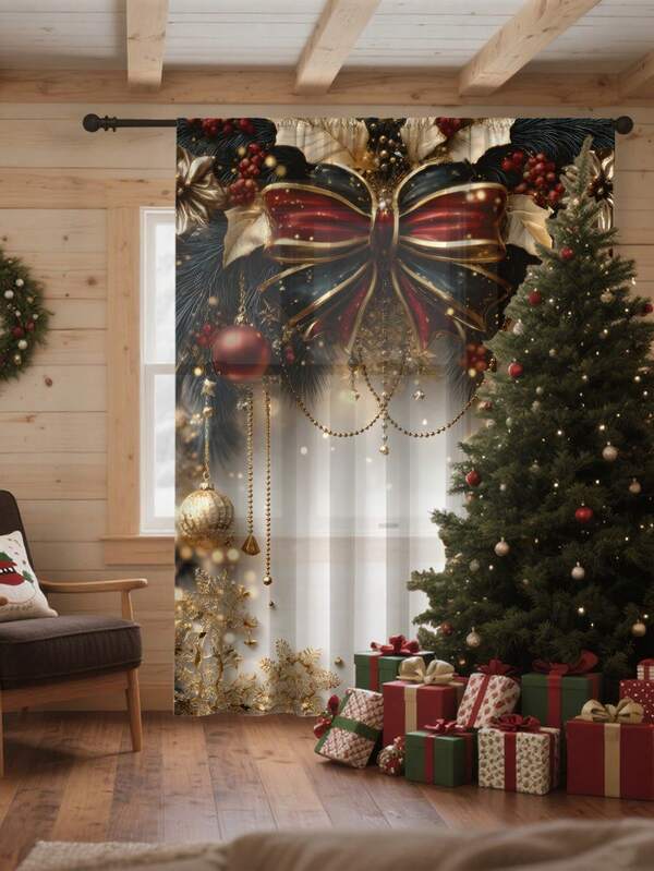 1 pieza Cortina decorativa transparente pero no transparente con diseño de muñeco de nieve, reno y árbol de Navidad, adecuada para sala de estar, dormitorio, puerta, cocina, reduce el ruido, decoración navideña