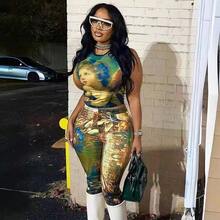 Ladies' Street Casual Tight Fitting Spicy Girl Retro Oil Painting Print Sleeveless Top And Pants Set Two-Piece Set - 黃色 - 查看 3