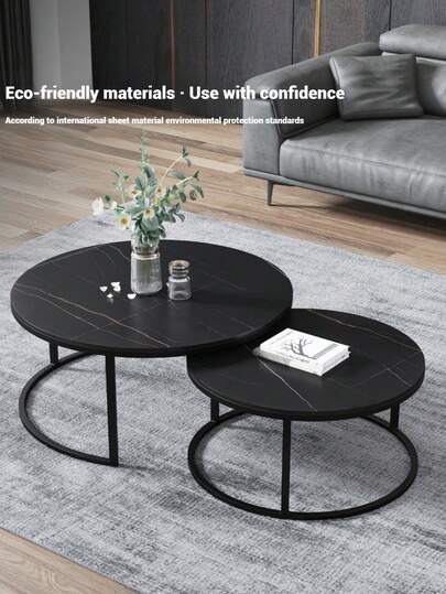 Nesting Coffee Tables, Round Wooden Marble Top, Sturdy Metal Frame, Side Tables Living Room, Bedroom, Balcony Terrace