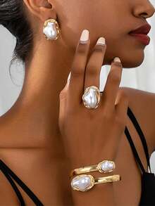 1 Set Barock Perlen Metall Anhänger Y-Kette Set, Vintage einzigartiger Metallstil, hochwertiges Halskette, Armband, Ring - Vintage, elegante flache Perlenkette, geeignet für Hochzeit, Party, Alltag, Urlaubsgeschenk für Frauen