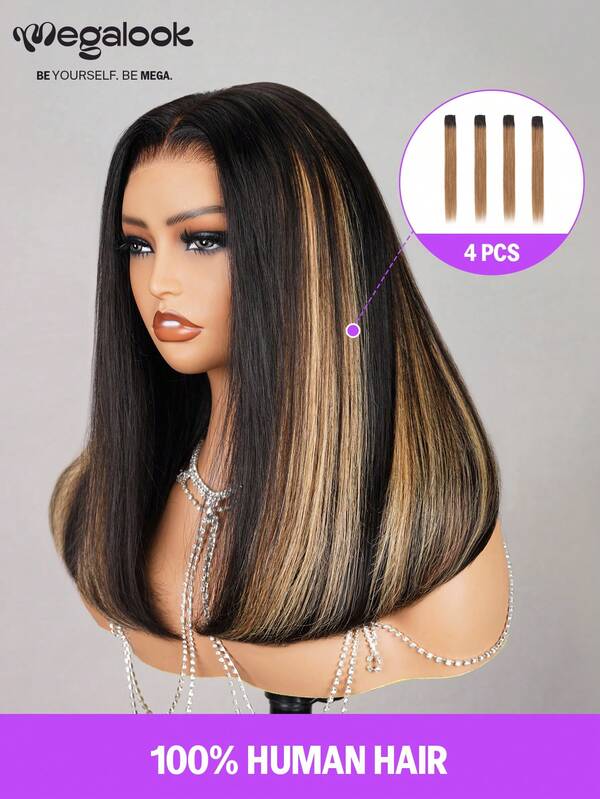 MEGALOOK 4 piezas de extensiones de cabello humano 100% rectas y sedosas con clips, color #27, de 12/16 pulgadas, accesorios de cabello de estilo Y2K, estilo de fiesta de la novia cadáver, para disfraz, moda, fiesta, campus, escuela, vacaciones, Navidad, carnaval, festival de música, regalo para mujeres y niñas