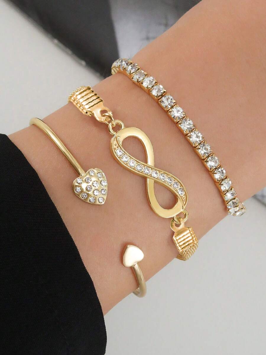 3pcs Luxury Minimalist Personalized Metal Rhinestone 8-Shaped & Heart Stacking Bangle Bracelet Set For Women - Yellow Gold - View 1