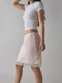 Women's Low-Waist Solid Color Lace Paneled A-Line Knee-Length Skirt, For Party Street Wear - Hồng - Xem 3
