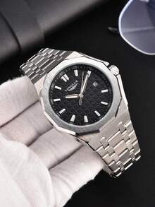 LONGLUX 1 件男士自动机械表带日历，蝴蝶扣钢带，防水，休闲简约设计 - 黑色 - 查看 4