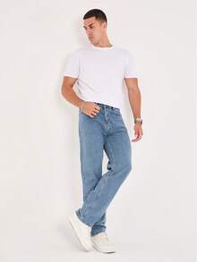 Men's Solid Color Pocket Casual Straight-Leg Jeans - Blue - View 5