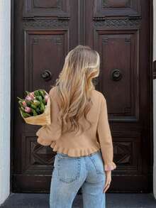 Cárdigan de punto para mujer de otoño/invierno, nueva llegada - de vuelta a la escuela - estilo de moda minimalista casual, básico con botones, volantes en el bajo, bajo asimétrico, puños de punto ajustados, para la oficina, salir, viajes, Año Nuevo, Navidad - Caqui - Ver 4