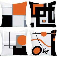2D, 4 Packs Modern Geometric Throw Pillow Covers - 17.7*17.7 Inches, Black, Orange & Grey Stripe Design, Abstract Grid Pattern Decor For Couch & Bed, Machine Washable With Zipper (No Inserts Included) - Multicolor - View 2
