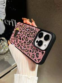 Luxury Pink Leopard Print Fashion Silicone Cheetah 1pc Rhinestone Soft Protective Phone Case Comfortable Grip Compatible With Iphone 17 Pro Max Birthday - Pink - View 3