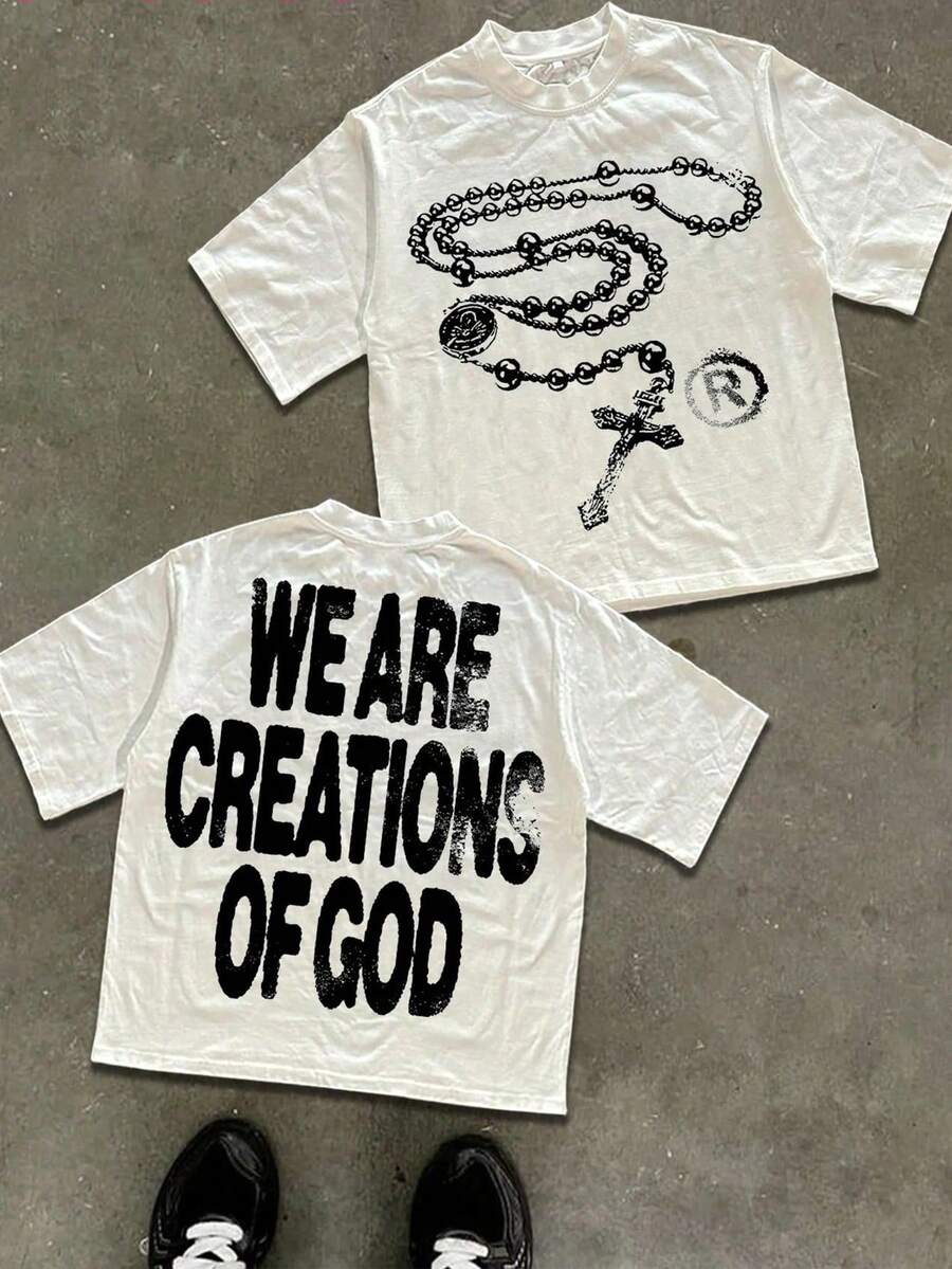 Y2K High - Street Religious - Themed Tee With 'We Are Creations Of God' Slogan (220g Cotton T-Shirt) Printed T-Shirts, Cotton T Shirt Unisex T-Shirts, Casual And Comfortable To Wear Men's T - Shirt Ideal For Both Casual Outings And Home Relaxation Funny T Shirts - 白色 - 查看 1