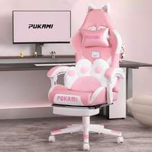 Pink Gaming Chair | Cat Ears, Cat Paw Cushion Pillow, Footrest, Ergonomic, Kawaii, Reclining | Girl,Halloween Decor - hồng + trắng - Xem 6