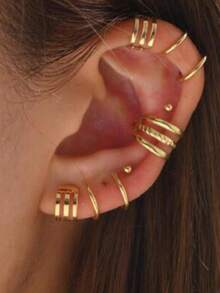 7 件/套简约多层耳夹和耳钉，女士时尚珠宝套装 - 金色 - 查看 5