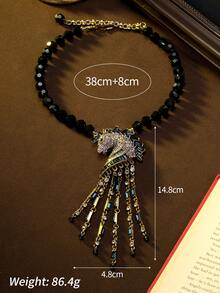 Vintage Handcrafted Unicorn Tassel Design Luxury Niche Jewelry Necklace And Earrings Set, Pendant Made Of Alloy Base With Gemstone Accents, Necklace Made Of Multi-Layer Glass Beads, Suitable For Daily, Party, And Banquet Occasions - Multicolor - View 5