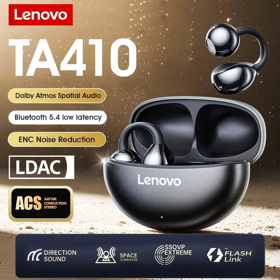 Lenovo Tai nghe Bluetooth TA410 2025 mẫu mới nhất, công nghệ dẫn truyền qua xương, thiết kế siêu nhẹ 2,8g, thích hợp cho chạy bộ, tập gym, yoga, v.v., chống mồ hôi IPX5, phát lại 24 giờ với hộp sạc, chơi game Bluetooth 5.4, hiệu ứng âm thanh không gian HIFI, tai nghe Bluetooth, màu be, đen, tím - màu đen - Xem 1