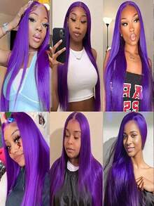 Dark Purple Straight Lace Front Wigs Human Hair For Women 13x4 HD Transparent Lace Frontal Wigs Human Hair Pre Plucked With Baby Hair 250 Density Purple Colored Bone Straight Glueless Wigs Human Hair Natural Hairline - 紫色 - 查看 9