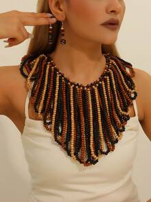 1pc Handmade Multilayer Wooden Bead Necklace, Exaggerated Bohemian Style For Party, Beach, Holiday Usage
