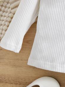 Young Girl Ribbed Long Sleeve Turtleneck Tee, Round Neck All-Match Layering Top, 2025 Autumn New Collection - White - View 6