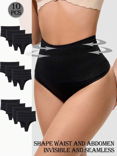 10pcs High Waist Shaping Thong Panties, Seamless Invisible Thong For Women, Suitable For Wedding Dress, Yoga Pants, Leggings And Other Underlayers