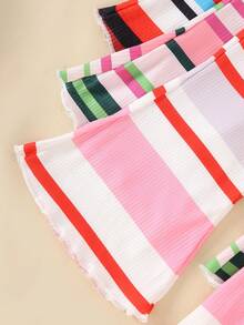 Conjunto de 6 peças de camiseta de manga comprida com estampa listrada casual para meninas e calças largas com estampa listrada para atividades ao ar livre, outono/inverno