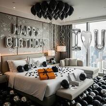 Black Valentine's Day Decorations Set, Including Black Valentine's Day Banner, Black Rose Petals, Black Latex Balloons, Silver Heart Foil Balloons, Suitable For Birthday Party Decor, Anniversary, Wedding, Home Decor, Photo Props